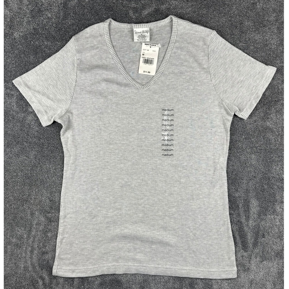 Vintage 90s Merona Ribbed V Neck Gray Heather Tee Shirt Womens Medium